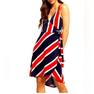 Express Womens Blue Red Multicolor Striped V-Neck Side Tie Wrap Dress Size M NWT